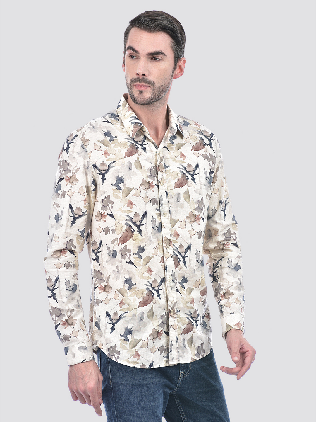 Numero Uno Men Floral Print Beige Shirt